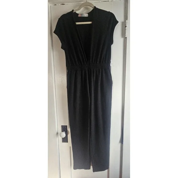 NWT Free People Beach Rita One Piece Jumpsuit Black Pockets Short Sleeve Small